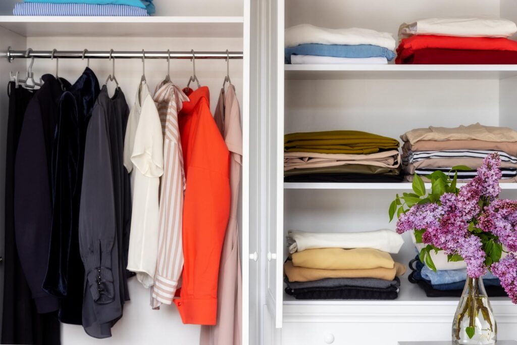 Open Wardrobe with shelving and hanging space showing home organisation