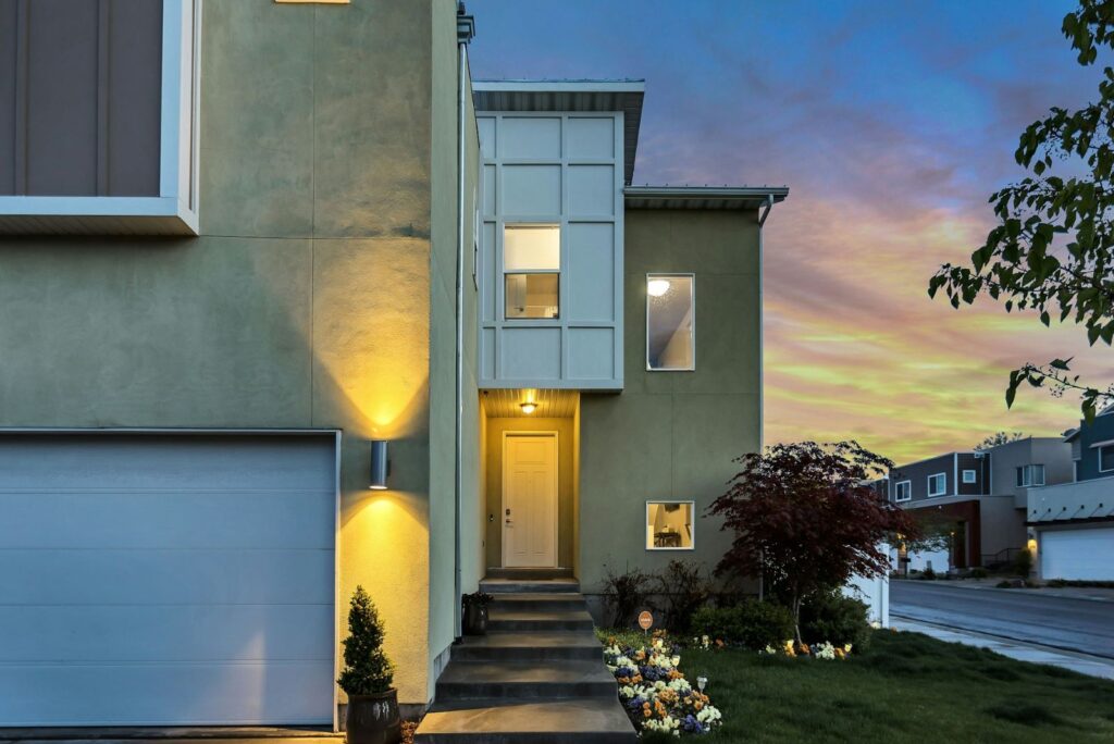 A grey house with lightning
