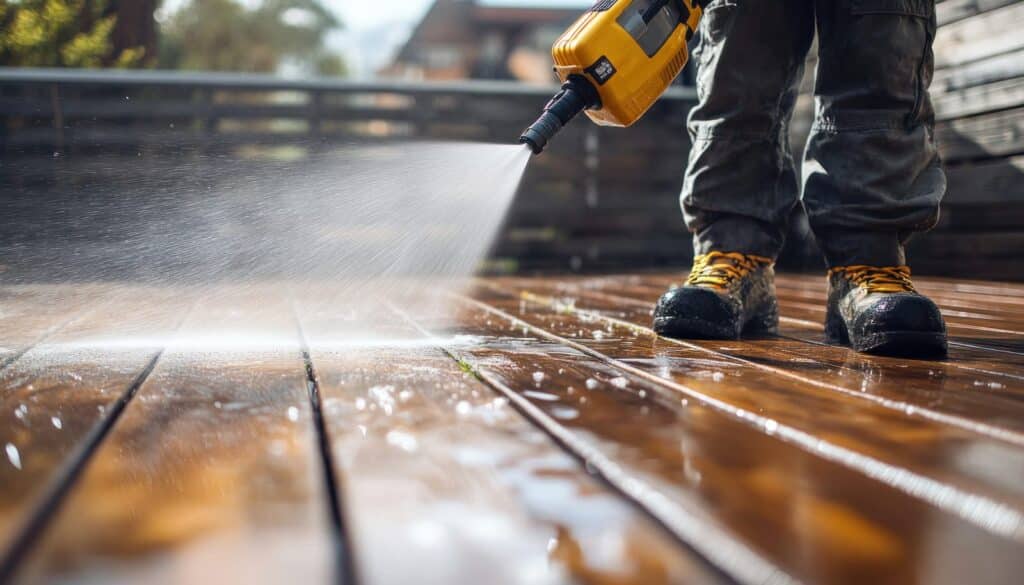 A person cleaning the wooden deck using pressure washer