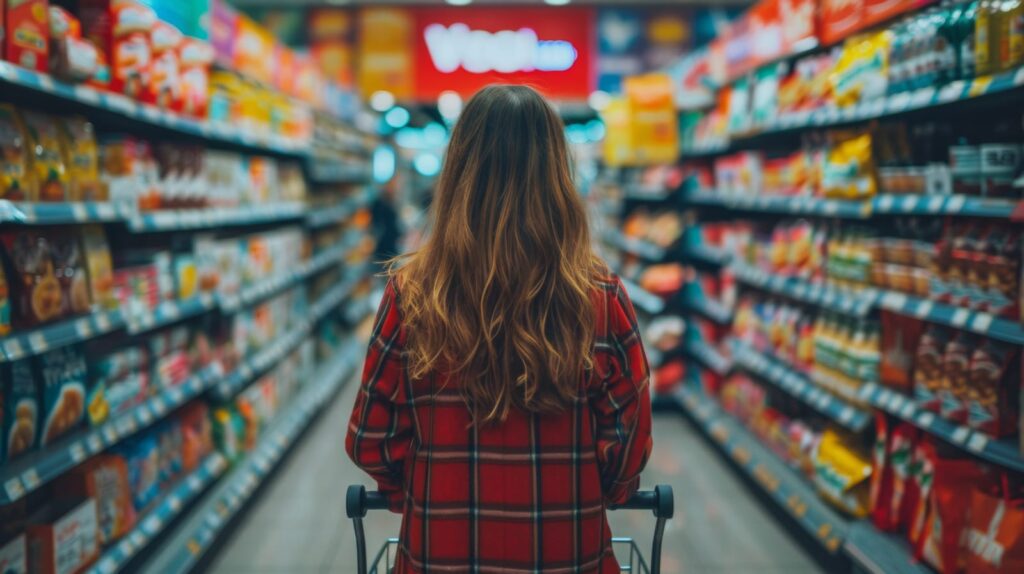 a woman walking down a supermarket aisle